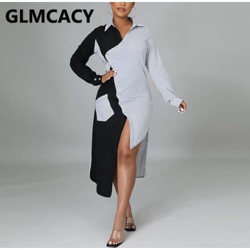 Women Long Sleeve Colorblock Shirt Dress Irregular Runway Dress