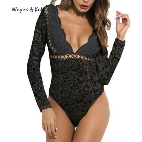 Weyes & Kelf Lace Hollowed Out V-neck Black Women Sexy Bodysuit 2020 White Rompers Body Suit Feminino Monos Cortos De