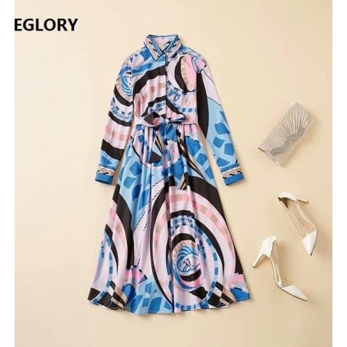2020 Autumn Hot Selling Dress High Quality Women Turn-down Collar Geometric Prints Bow Belt Patchwork Casual Long Shirt Dress