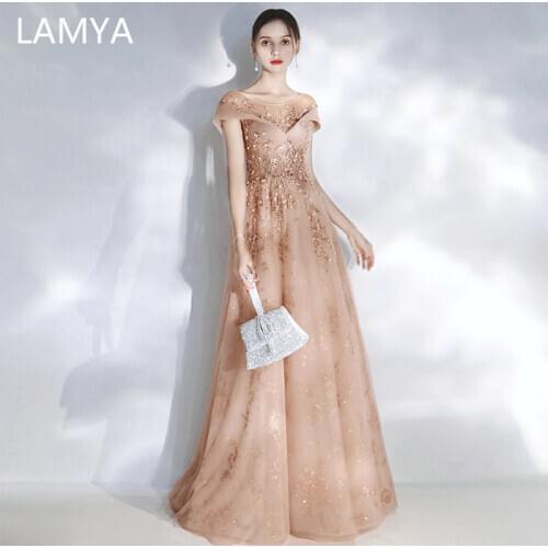 LAMYA High Quality Luxury Beads Evening Party Dresses Elegant O Neck Robe De Soiree Customized Cap Sleeve Long Prom Gown