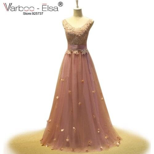 VARBOO_ELSA Women Dress Evening Long Elegant 2018 V Neck Applique Crystals A Line Dress Evening Dresses Pink Prom Dresses 2018