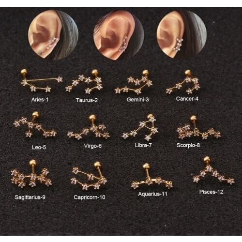1 Pcs Twelve Constellation Star Cartilage Earring Non-Allergic Gold Silver Color CZ Zodiac Screw Piercing Ear Decor Jewelry Gift