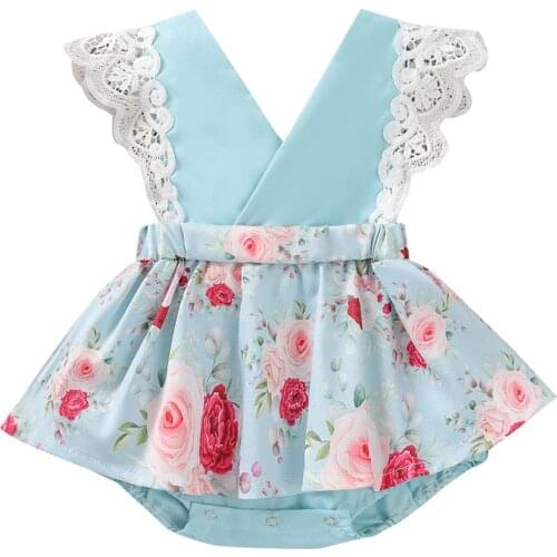 2021 Breathable Baby Girls Romper, Toddlers Sweet Style Summer Creative Floral Printing Lace Fly Sleeve Splicing Skirt Jumpsuit