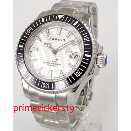 41mm PARNIS white dial sapphire glass date deployment clasp automatic mens stainless steel watch PA1060