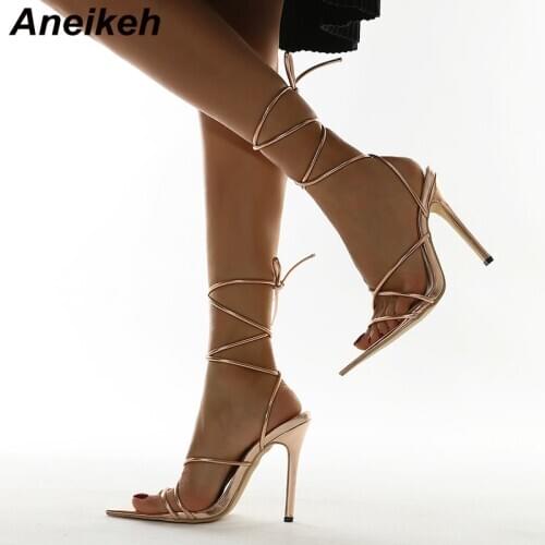 Aneikeh 2021 NEW Summer PU Womens Shoes Riband Lace-Up Fashion Open Ankle Strap Cross-tied Party Solid Color Golden Size 35-42