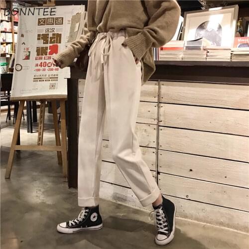 Casual Pants Womens Solid Elastic High Waist Drawstring Loose Thicken Plus Size 3XL Korean Style Daily Fashion Female Straight