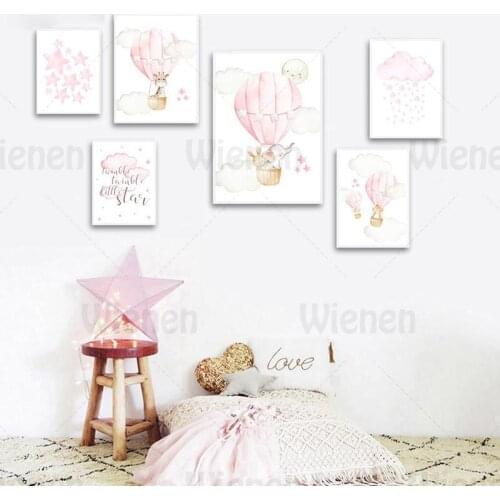 Baby Nursery Decor Girl Wall Art Canvas Print Cartoon Pink Hot Air Balloon Animal Travel Painting Nordic Children Poster Home