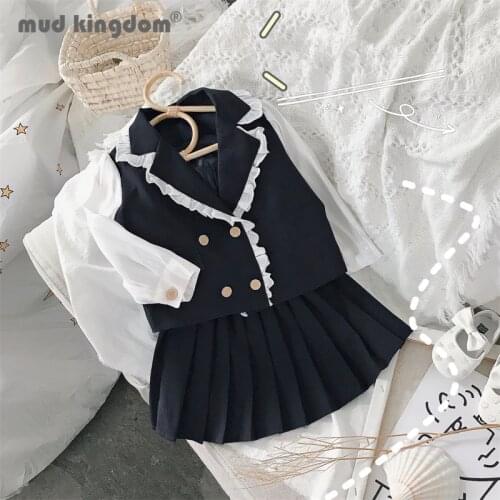 Mudkingdom Little Girls Suits Jacket Pleated Skirt College Style Set Long Shirt Sleeve Lace Tops Solid Skirts for Kids Outfits