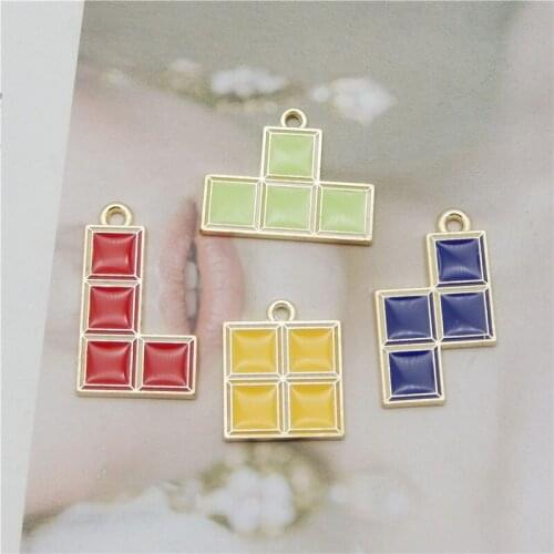 Julie Wang 8PCS Enamel Tetris Game Charms Alloy Mixed Pendant Bracelet Earrings Jewelry Making Accessory