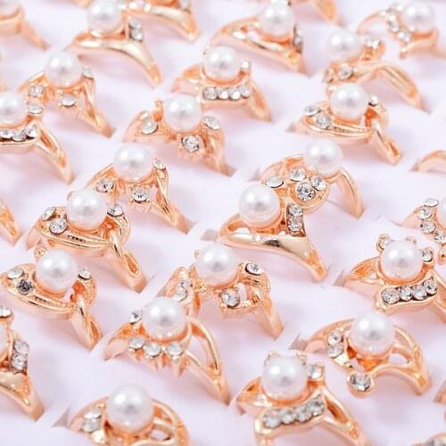 10pcs Wholesale Jewelry Lots Rings Gold Color White Pearl Crystal Rhinestone Rings Fashion Wedding Engagement Ring Jewelry