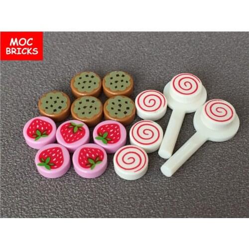 50pcs/lot MOC Bricks Food sugar Round 1 x 1 with Strawberry cookies Pattern Building Blocks DIY Toys children gift