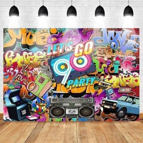 Lets Go 90s Party Backdrop Graffiti Wall Hip Pop 90s Background Vintage Radio Music 90th Themed Party Banner Decoration Props