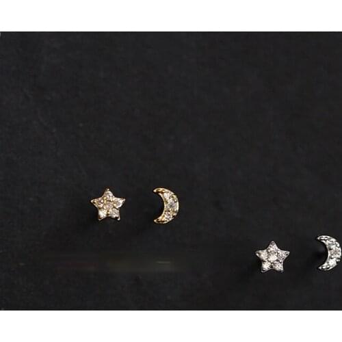 Cute Mini Asymmetric Five Pointed Star Moon Earrings Simple Inlaid Zircon Gold Plated Earring Suitable for Lady Cocktail Jewelry