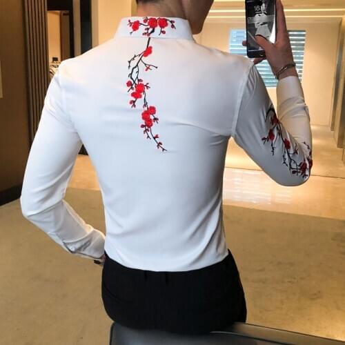 Embroidery Floral Mens Shirt Long Sleeve Business Formal Dress Casual Shirts Streetwear Social Party Bar Male Clothing Camisa