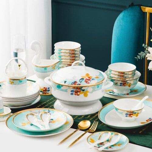 Tableware Set Household Minimalist Golden Edge Jingdezhen Bone China Ceramic Bowl and Plate Tableware Combination Kitchen
