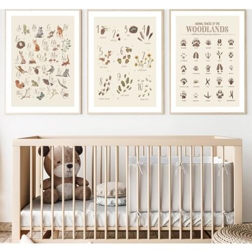 Woodland Animals Footprint Cartoon Alphabet Number Nordic Posters Prints Wall Art Canvas Painting Wall Pictures Kids Room Decor