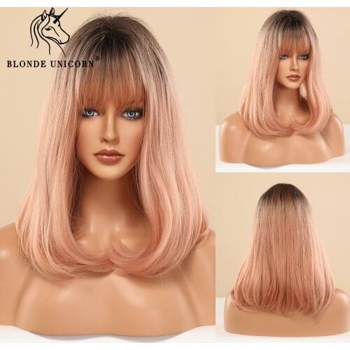 Blonde Unicorn Synthetic Medium Long Dark Root Ombre Pink Wig with Bangs for White Black Women Daily Cosplay Natural Hair Wigs