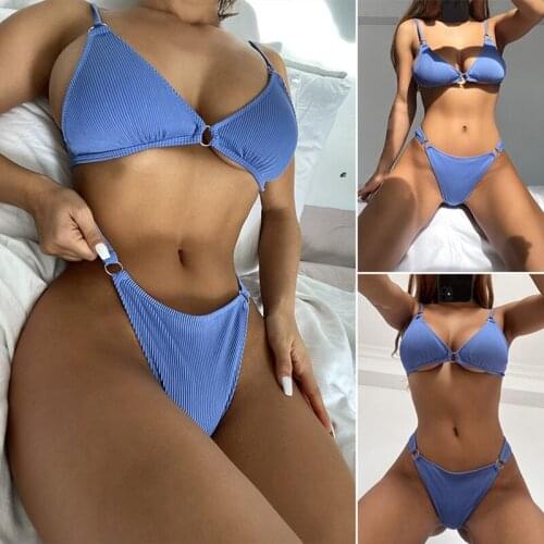 Sexy Triple-Cornered Bikini Ribbed Swimsuit High Waist Swimwear Women Sport Bathing Suit Vintage Backless Beachwear