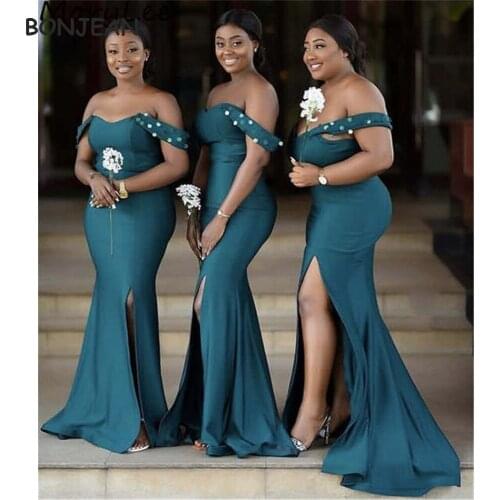 Mermaid African Off Shoulder Bridesmaid Dresses Slit Elastic Satin Black Girls Bridesmaid Dress Wedding Party Dress for Womens