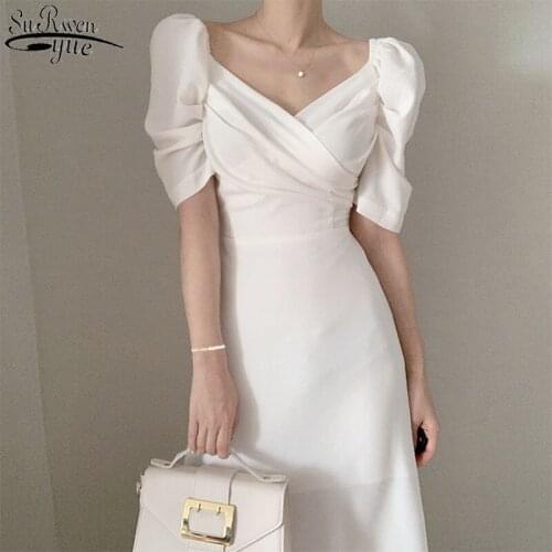 Korea White Dress Women French Style Elegant V-neck summer Dress Puff Sleeves Party Dresses Lady Long Dresses Women Robe 13904