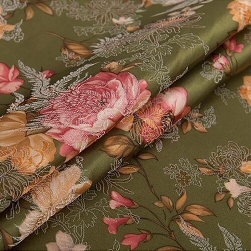 New arrival polyester brocade olive green peony flower fabric for felt patchwork tissue telas dress sheet cos play 100x75cm