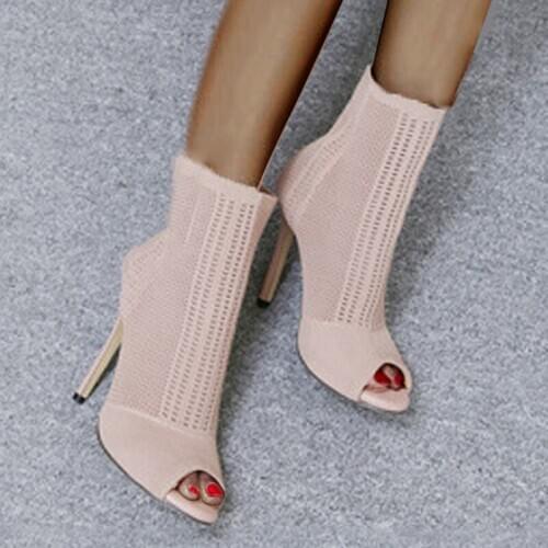 BUSY GIRL ML9157 European and American womens cool boots autumn new open-toe knitted hollow stilettos,Sexy womens boots