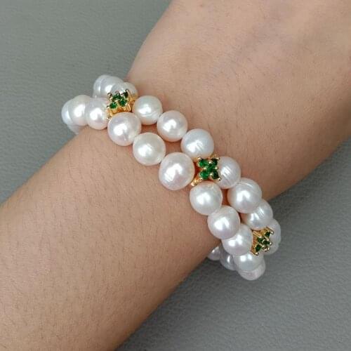 Cultured White near round freshwater Pearl Green Cz Spacer Stretch Bracelet