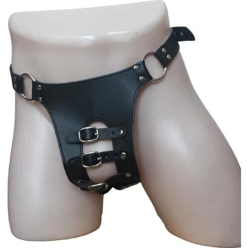 Sexy PU Leather Mens G String T-Back Briefs with Penis Restraint Straps Buckles Male Harness Underwear Thong Fetish Lingerie