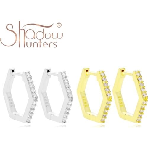 SHADOWHUNTERS Real 925 Sterling Silver Crystal Geometric Hexagon Huggies Hoop Earrings with Clear Zircon Women Trendy Jewellery