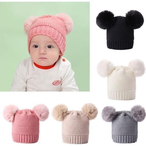 New Lovely Newborn Baby Kids Girls Boys Kawaii Winter Warm Knit Hat Furry Balls Pompom Solid Color Warm Cute Beanie Cap Gifts