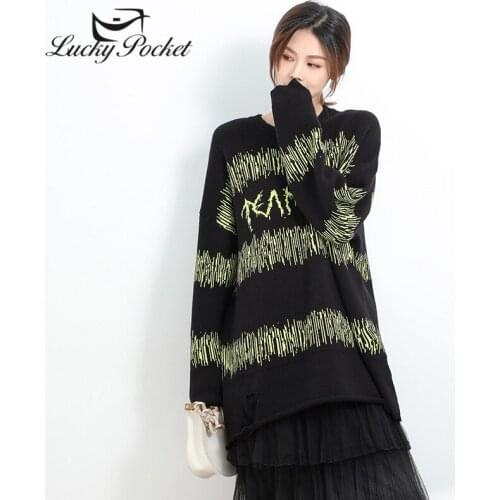 Women Spirng Autumn Fashion New Black O-Neck Mid-Length Sweater Female Striped Casual Letter Print Long Sleeve Pullovers QL360