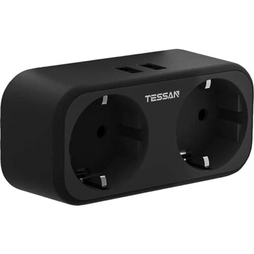 TESSAN Black Compact USB Adapter with 2 USB Ports and 2 AC Outlets, EU Wall Socket Power Strip with Overload Protection for Home