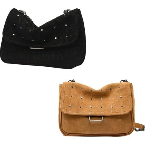 Women Vintage Faux Leather Velvet Shoulder Bag with Chain Strap Retro Studded Large Capacity Solid Color Crossbody Handbag