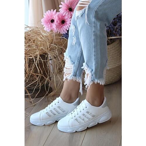 A1975-20BeyazLame Pink Potin Women White Lame Shoes A1975-20