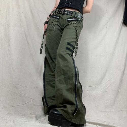 Y2k Grunge Green Zipper Jeans Bandage Low Waist Cargo Pants Gothic Punk Baggy Retro Kawaii Trousers Women Korean Sweatpants
