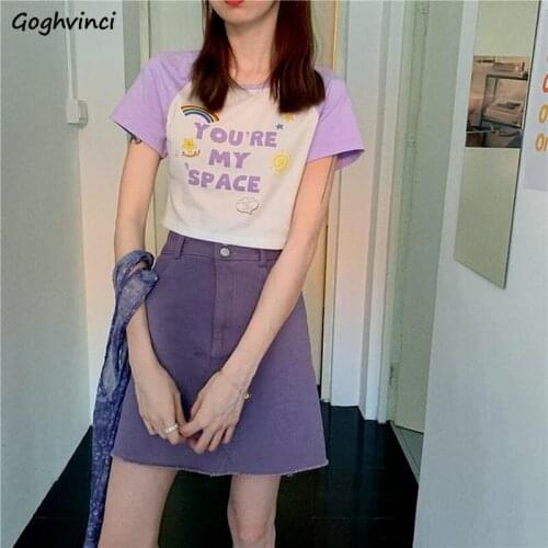 Women Sets Short Sleeve Letter Cropped Tops Girls Kawaii Fresh Chic Ulzzang Purple A-line Denim Mini Skirt High Waist Slim Cozy