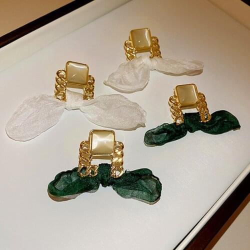 VSnow Japan Opals Chiffon Green White Bow Knot Dangle Earring for Women Metal Geometric Hollow Gold Chain Drop Earring Jewelry