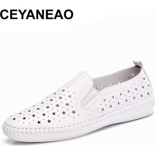 CEYANEAO2019New Summer Women Genuine Leather Flat Shoes Female Casual Flat Shoes Woman Black Flat Leather LoafersE006