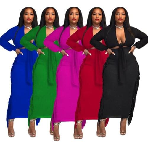Two Piece Set Women Top and Skirt Suits Solid Color Long Sleeve Laces Side Tassel Sexy Outfits for Woman Wholesale Dropshipping