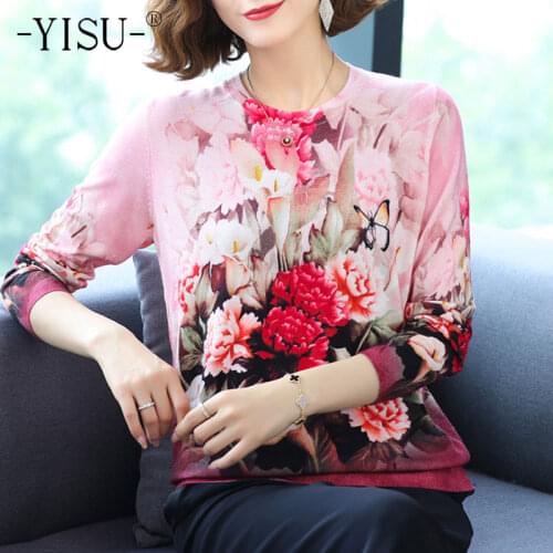 YISU Women Autumn Sweater O-Neck Fashion Printing Tops Female Long sleeve Jumper Loose Casual Knitted pullove Women clothing