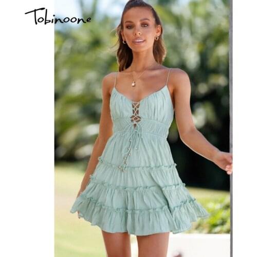 Tobinoone Lace Up Tie Ruffle Mini Dress Women Spaghetti Strap Backless Ruched Sexy Dresses Summer Hollow Out High Waist Vestidos