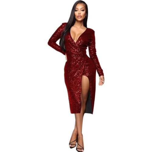 Women V Neck Sequin Wrap Dress 2019 Long Sleeve Bodycon Dress Sexy High Split Elegant Evening Party Dresses Vestido De Festa