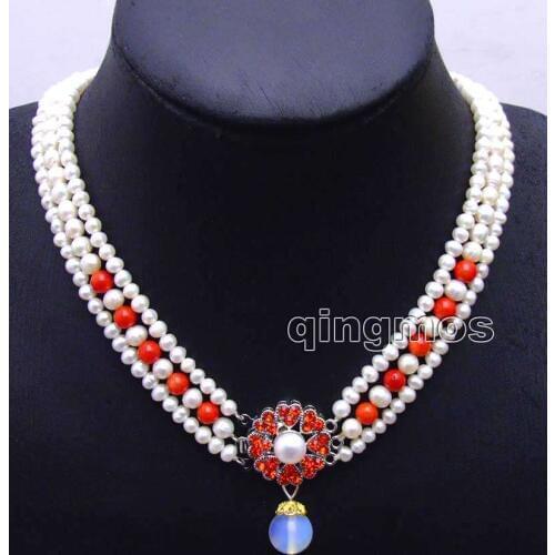 6-7mm White Round Natural FW pearl and red coral 3 strands 18-19" necklace & Opal prndant-nec6080 wholesale/retail Free shipping