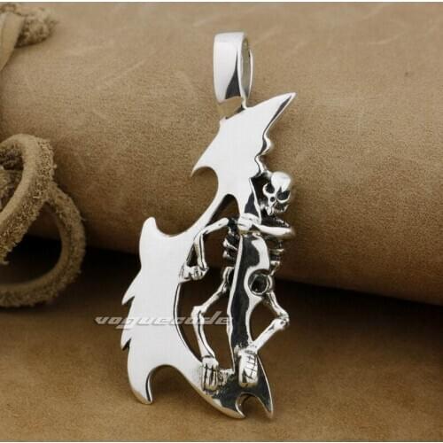 925 Sterling Silver Large Sword Skull Mens Biker Rocker Pendant 9H021