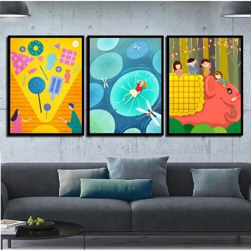 Abstract cartoon kids with red elephant Nordic Style Wall Art Canvas Print Painting Modern Living Room Decor Picture
