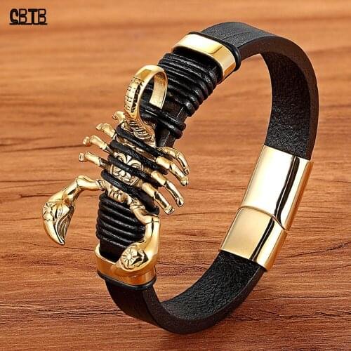 Stainless Steel Scorpion/Shield Bracelet Mens Punk Charm Buddha Bracelet Fashion Leather Jewelry Party Accessories Gift