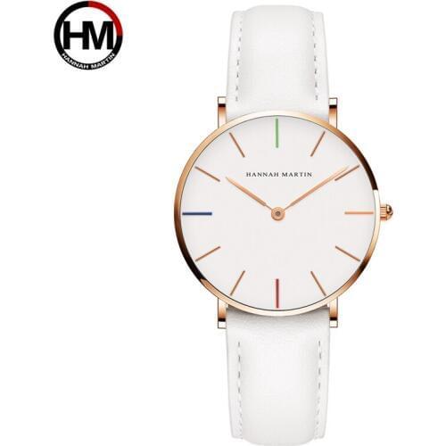 HANNAH MARTIN Luxury Leather Womens Watches Ladies Dress Watch Quartz Wristwatches Waterproof Relogio Feminino Clock Gift White
