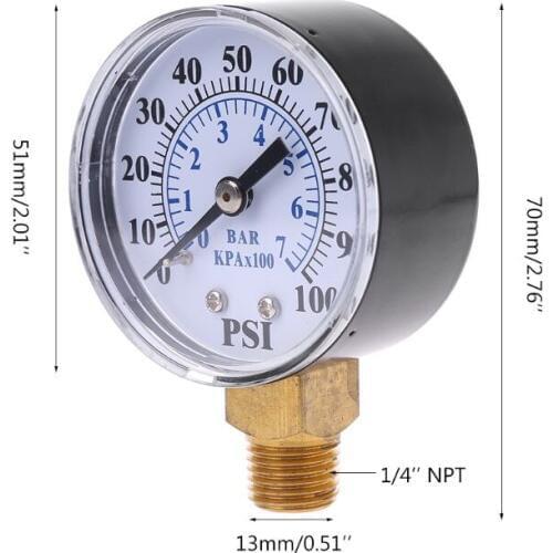 Well Pump Pressure Gauge 1/4'' NPT Thread 0-100 PSI 0-7 Bar Water Air Gas Pressure Monitor