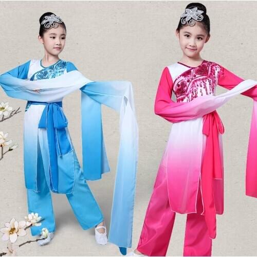 Childrens classical dance costumes, sleeves, dance costumes, elegant girls, Chinese style, Yangko, practice clothes