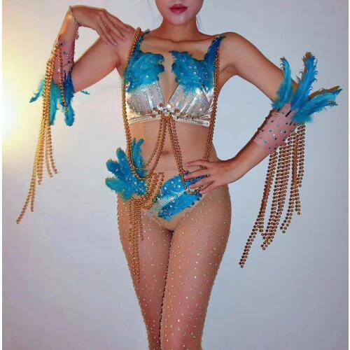 Jazz Dance Costumes For Lady Sexy Pub Club Party Bar Dancers Pub Singer Performing Leading Dance Blue Feather Bikini Suit DJ216